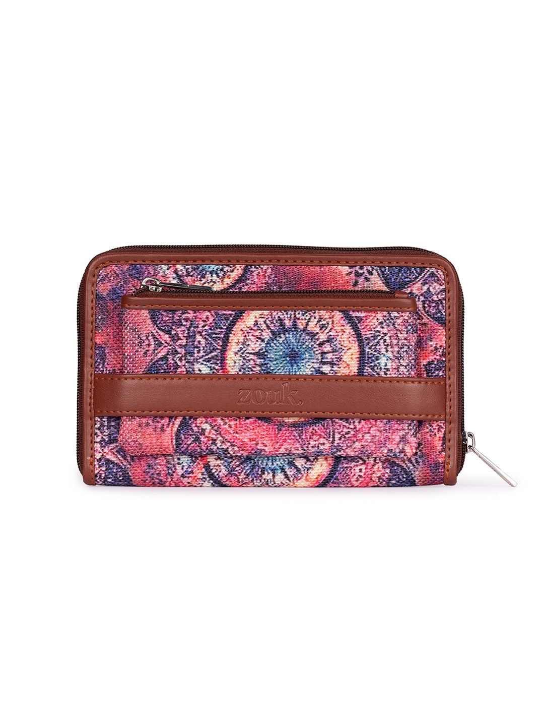 ZOUK Women Pink & Blue Printed Vegan Leather Zip Around Wallet