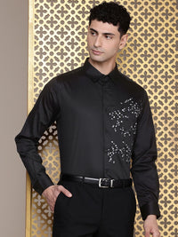 House of Pataudi Pure Cotton Floral Embroidered Opaque Party Shirt