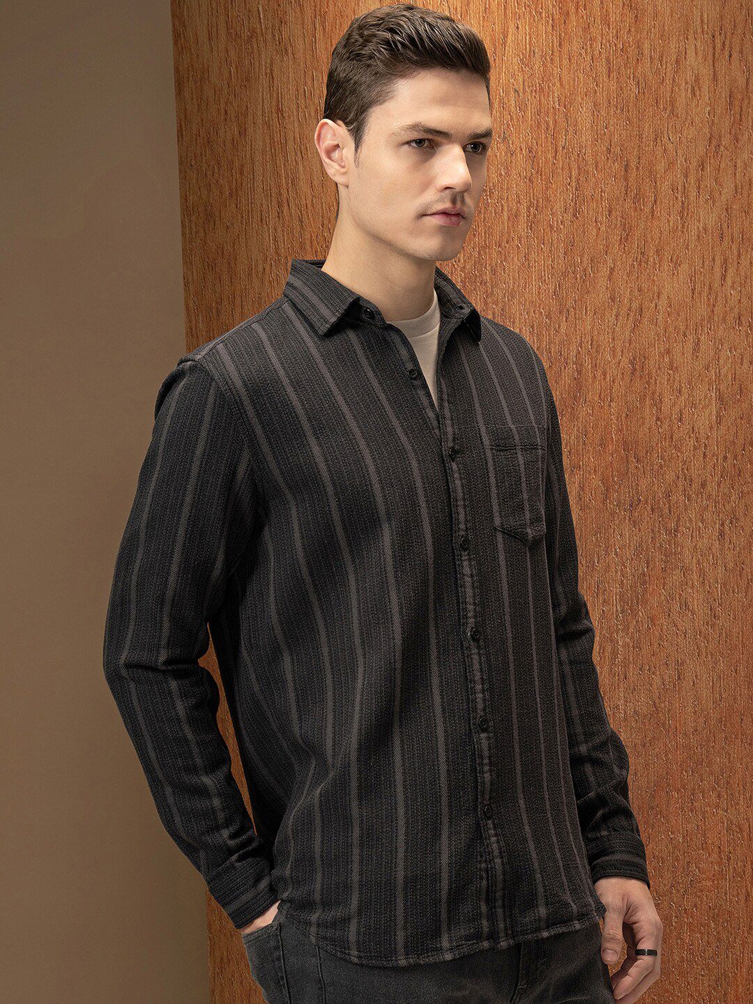 LOCOMOTIVE Premium Relaxed Fit Dobby Textured Striped Shirt