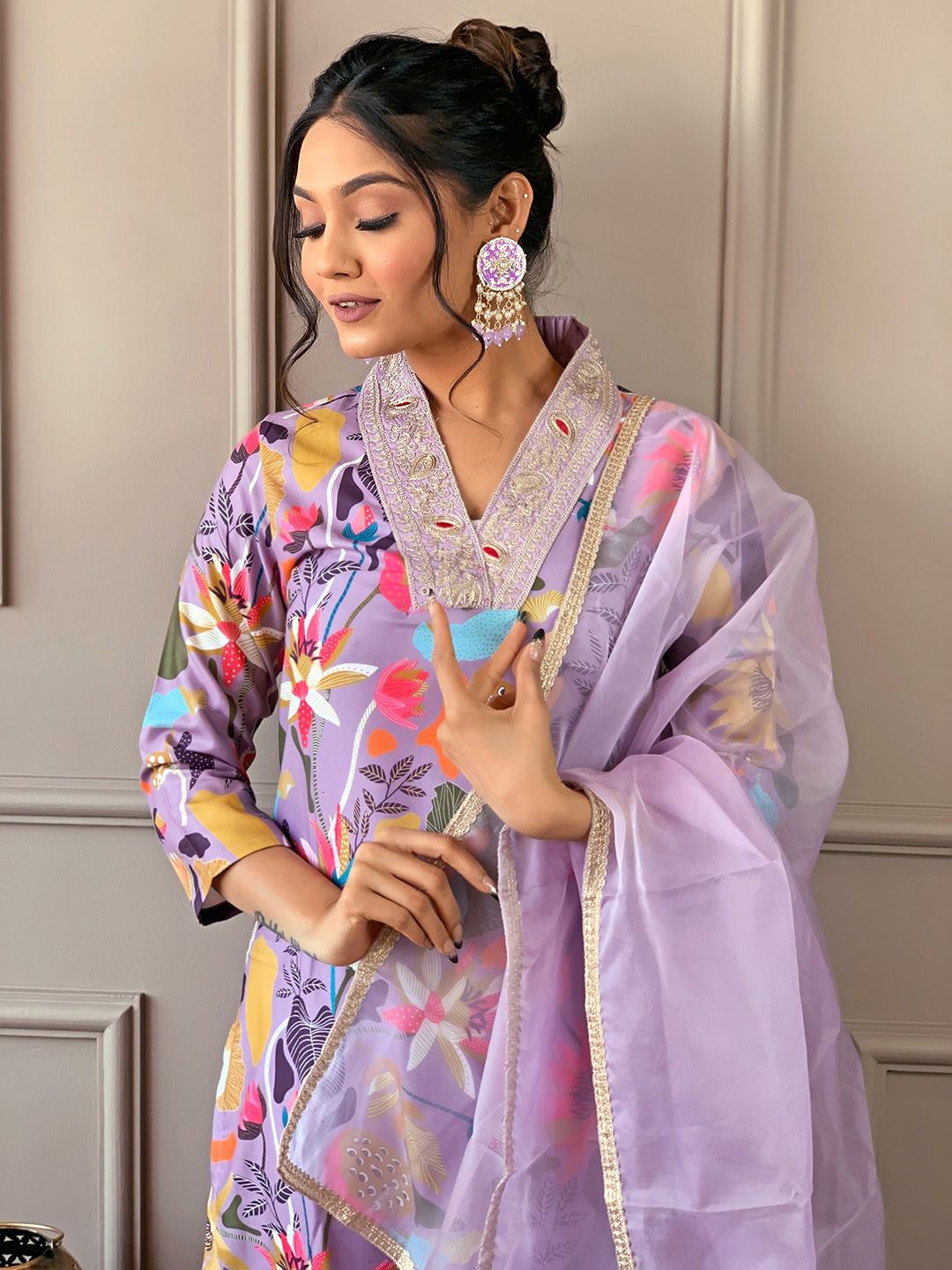 KALINI Floral Embroidered V-Neck Three-Quarter Sleeves Thread Work Kurta Set