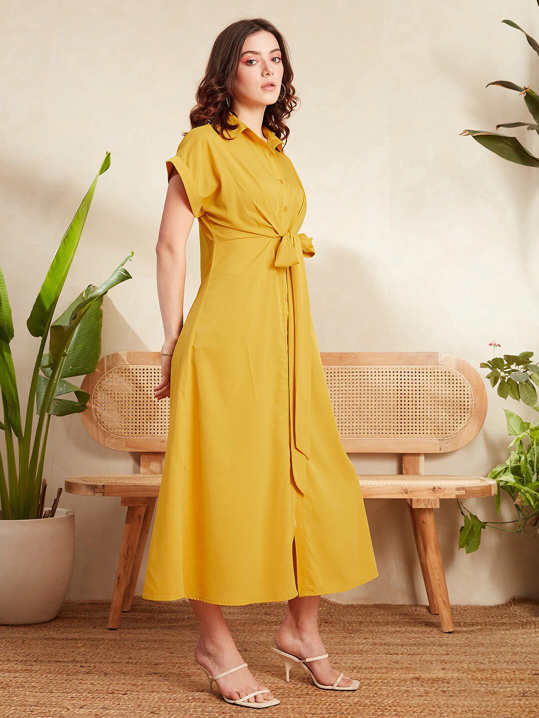 Berrylush Mustard Yellow Shirt Collar Extended Sleeves Tie-Up Detailed Midi Shirt Dress