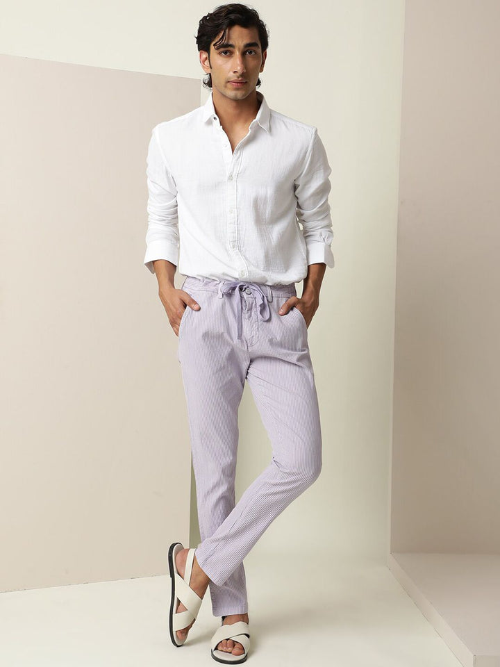 RARE RABBIT Men Monter Drawstring Striped Mid Rise Cotton Slim Fit Trouser