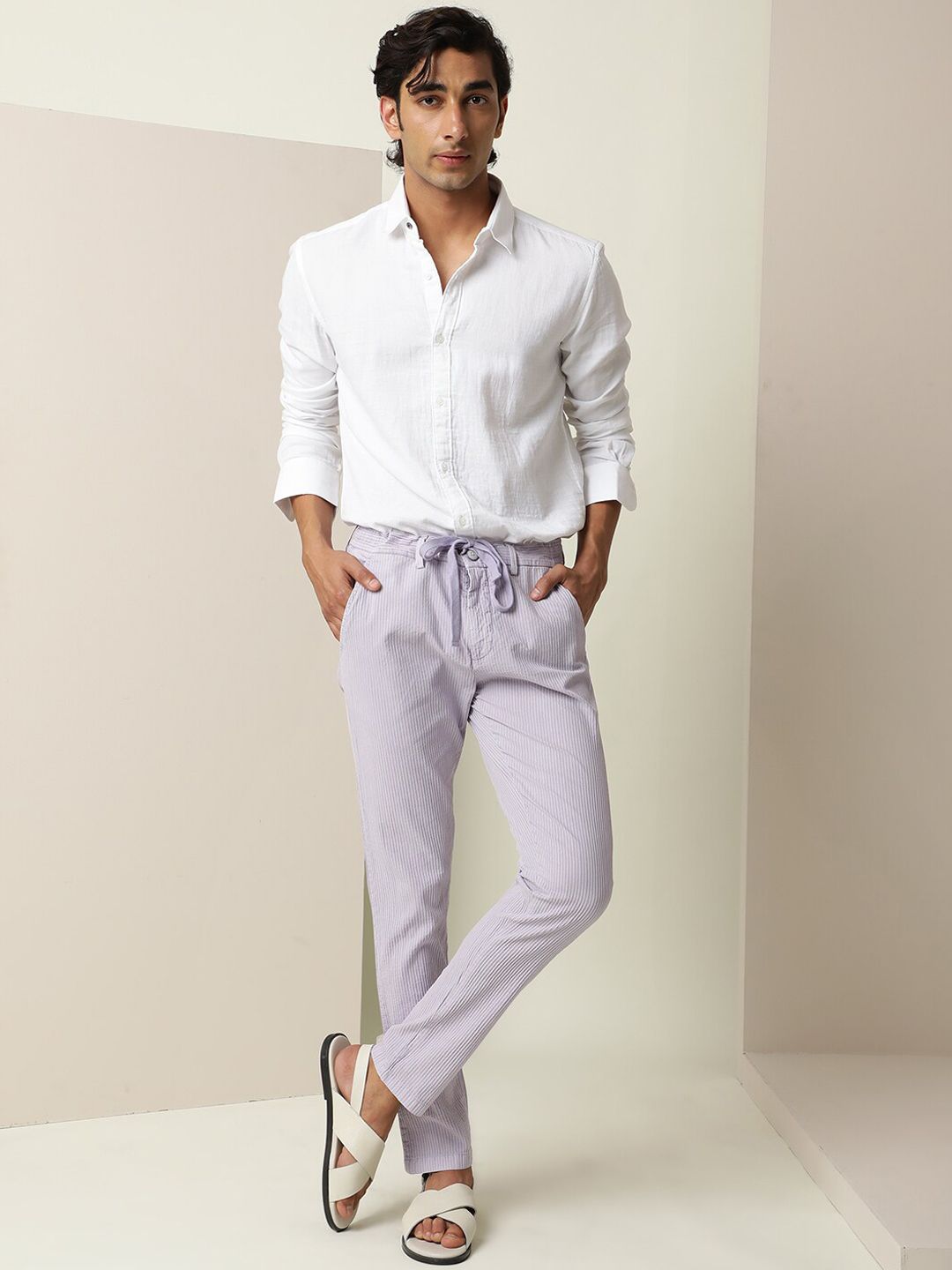RARE RABBIT Men Monter Drawstring Striped Mid Rise Cotton Slim Fit Trouser
