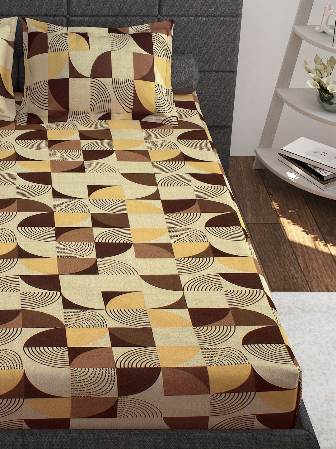 Story@home Brown Yellow Geometric 144 TC Pure Cotton Queen Bedsheet with 2 Pillow Covers