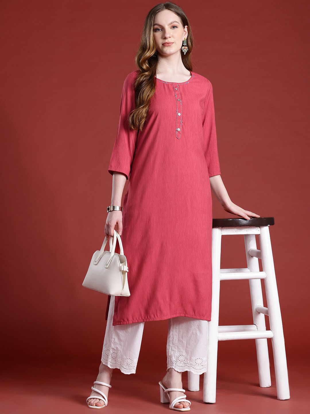 Anouk Thread Work Detail Calf Length Straight Kurta with Mock Buttons