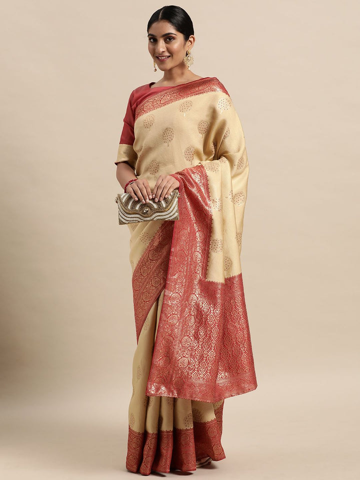 Saree mall Beige & Red Floral Silk Blend Banarasi Sarees