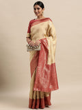 Saree mall Beige & Red Floral Silk Blend Banarasi Sarees