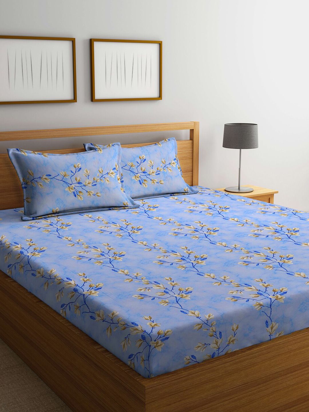 KLOTTHE Blue Floral Printed Dilengkapi 400 TC Kapas Tulen Cadar King & 2 Sarung Bantal