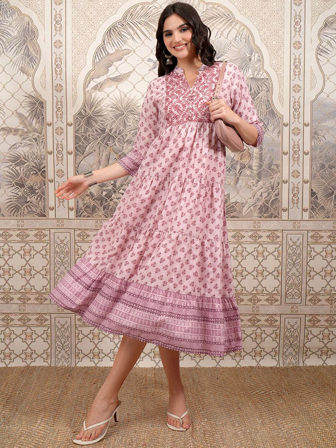 Vishudh Pink Ethnic Motifs Printed Mandarin Collar Fit and Flare Midi Ethnic Dress