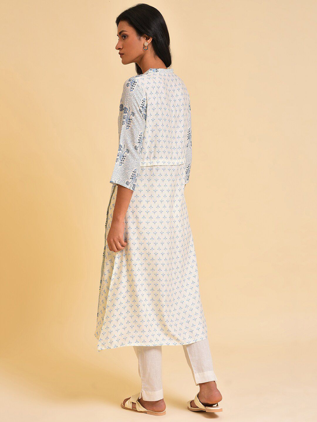 W White & Blue Ethnic Motifs Printed A-Line Kurta