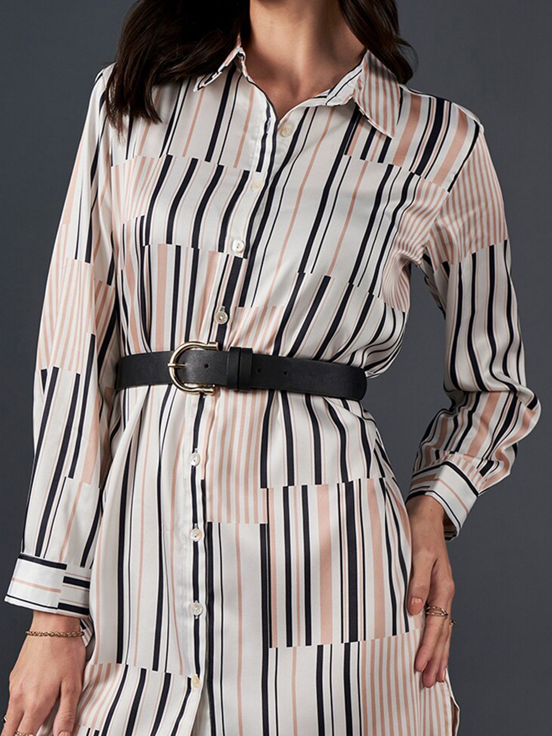 AND Striped Cuffed Sleeves Shirt Dress
