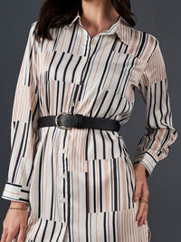 AND Striped Cuffed Sleeves Shirt Dress