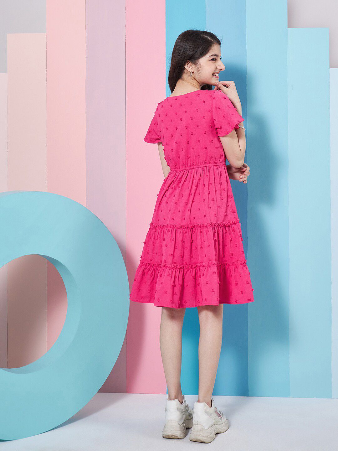 pspeaches Girls Self Design V-Neck Flutter Sleeve Georgette Fit & Flare Dress