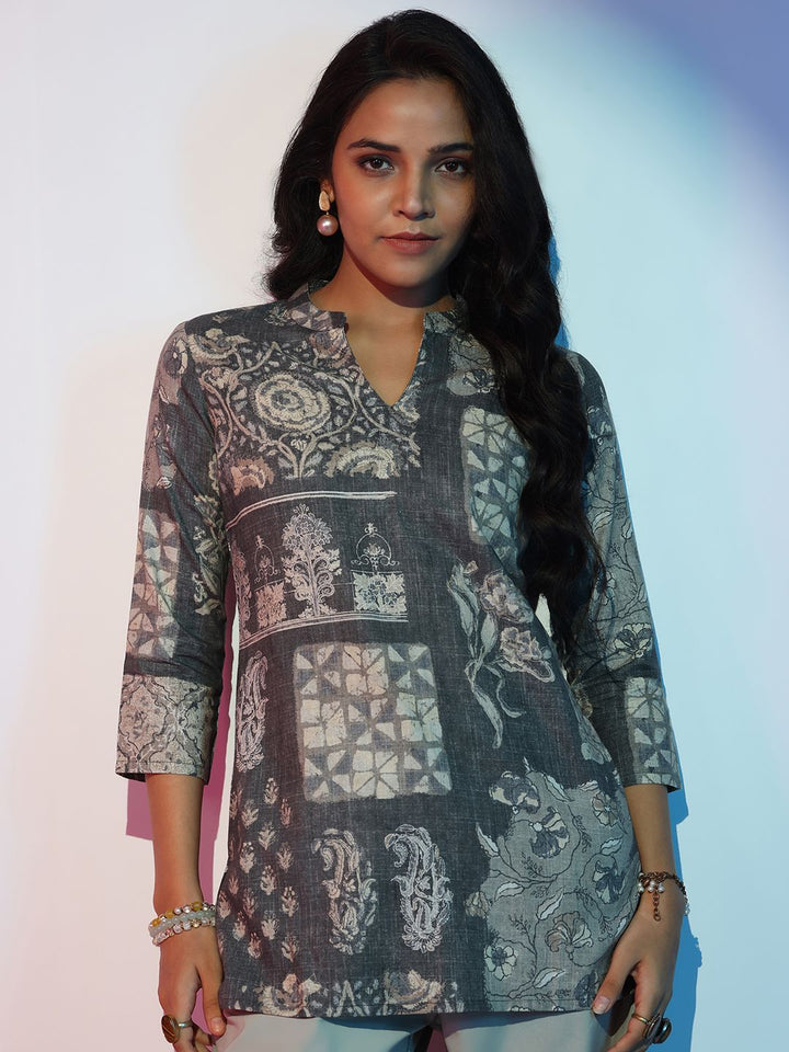 Libas Women Ethnic Printed Mandarin Collar Linen Kurti