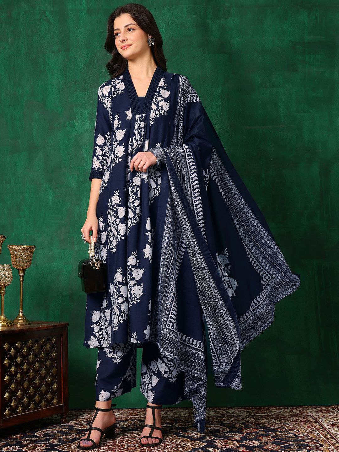 KALINI Women Floral Printed Regular Mirror Work Kurta with Palazzos & With Dupatta