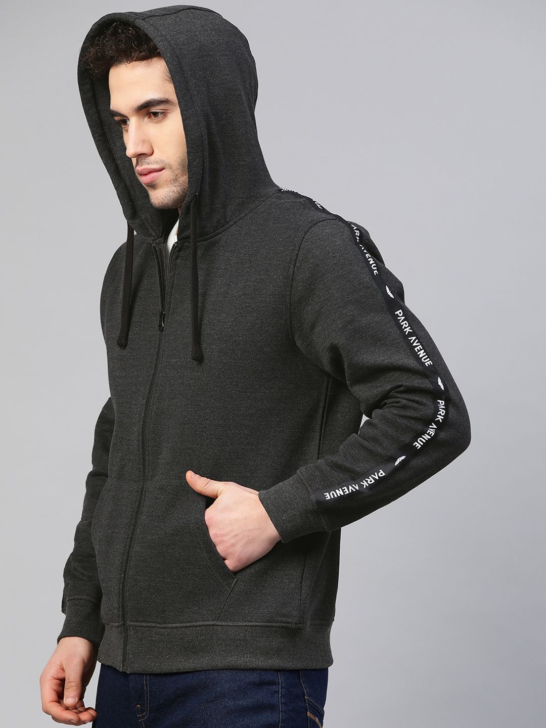 Park Avenue Men Charcoal Grey Solid Hooded Sweatshirt
