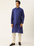 SOJANYA Men Blue Floral Kurta with Churidar & Nehru Jacket