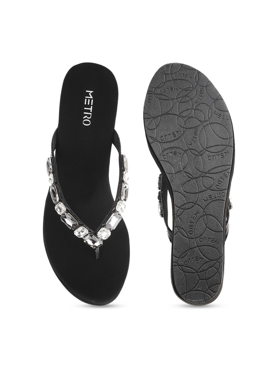 Metro Black & Silver-Toned Embellished Wedges
