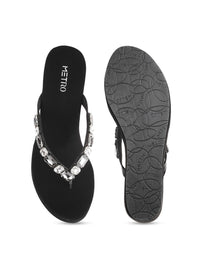 Metro Black & Silver-Toned Embellished Wedges