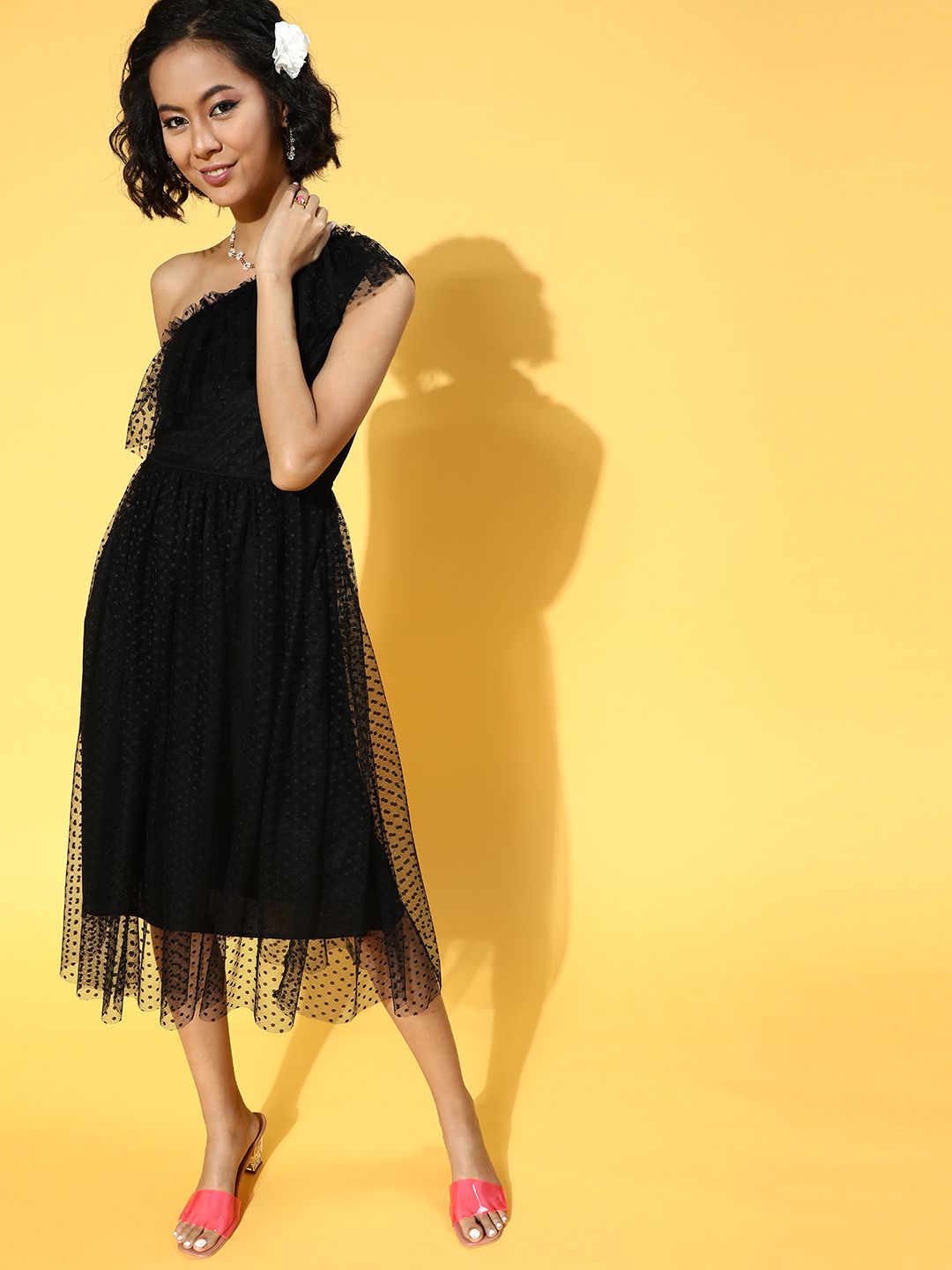 Athena Women Stylish Black Self-Design One-Shoulder Dress