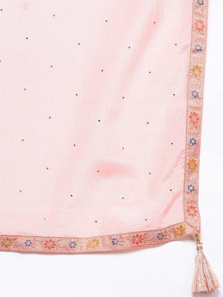 Libas Women Pink & Gold Zari Woven Design Straight Kurta with Trousers Dupatta