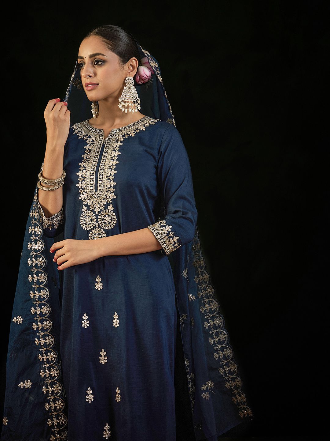 Indo Era Notched Neck Ethnic Motifs Embroidered Gotta Patti Kurta with Trouser & Dupatta