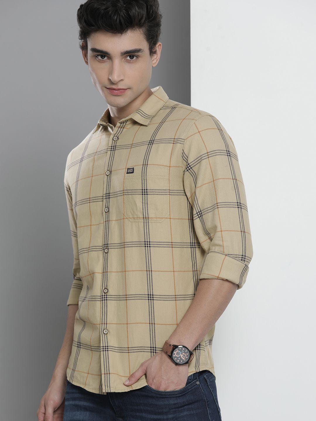 The Indian Garage Co Men Mustard Yellow Checked Casual Shirt