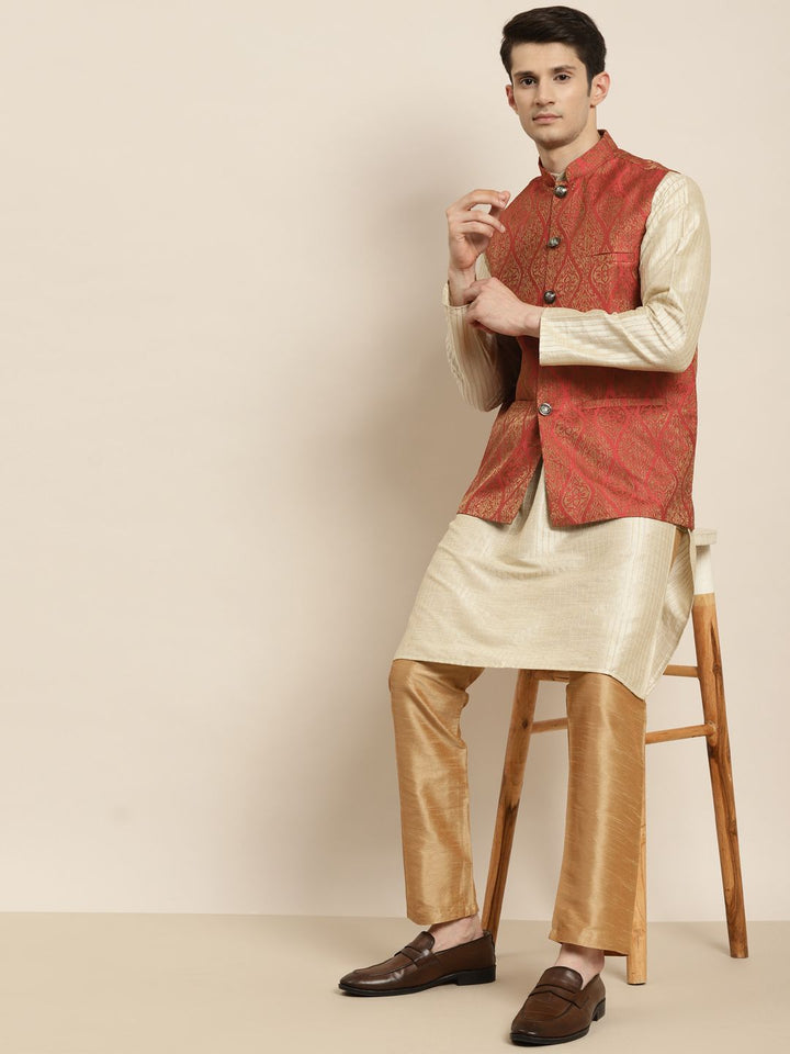SOJANYA Kurta Belang Beige Lelaki dengan Piyama & Jaket Nehru