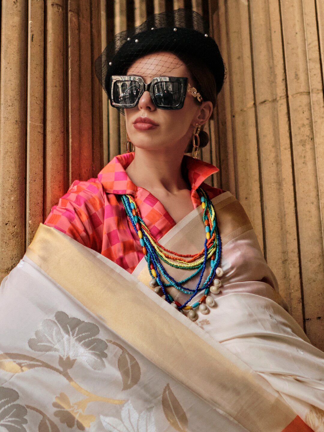 Saree mall Off White Pink Toned Woven Design Zari Silk Banarasi Sarees
