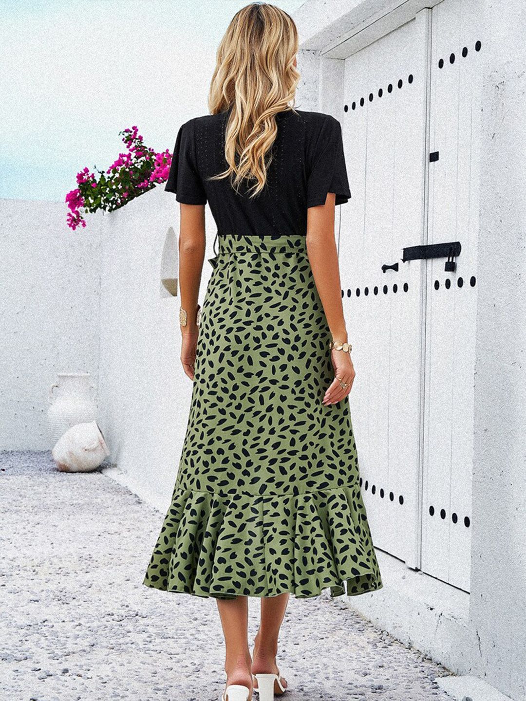 all about you Animal Print V-Neck Flared Sleeves Gathered Slip Slit Wrap Dress