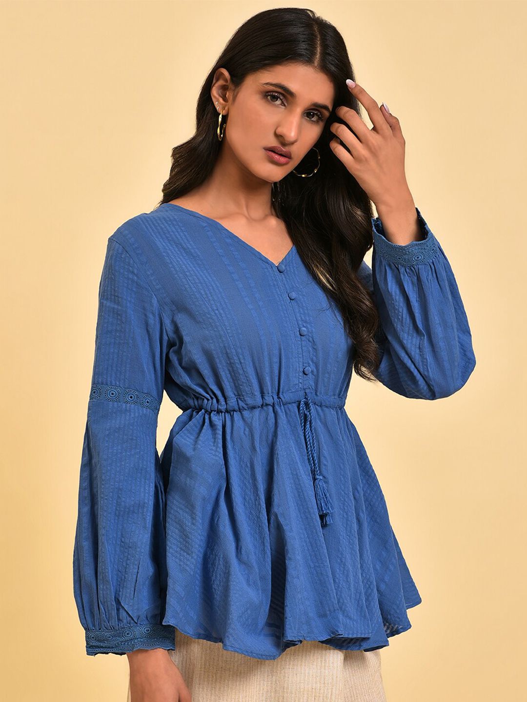 W Blue Self Design Pure Cotton Cinched Waist Top