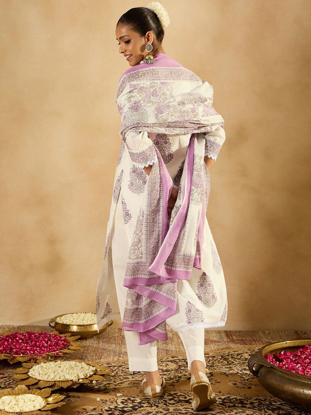 Indo Era Floral Printed Regular Sequinned Pure Cotton Kurta with Trousers & Dupatta