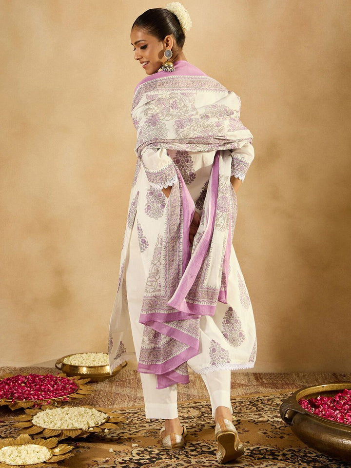 Indo Era Floral Printed Regular Sequinned Pure Cotton Kurta with Trousers & Dupatta
