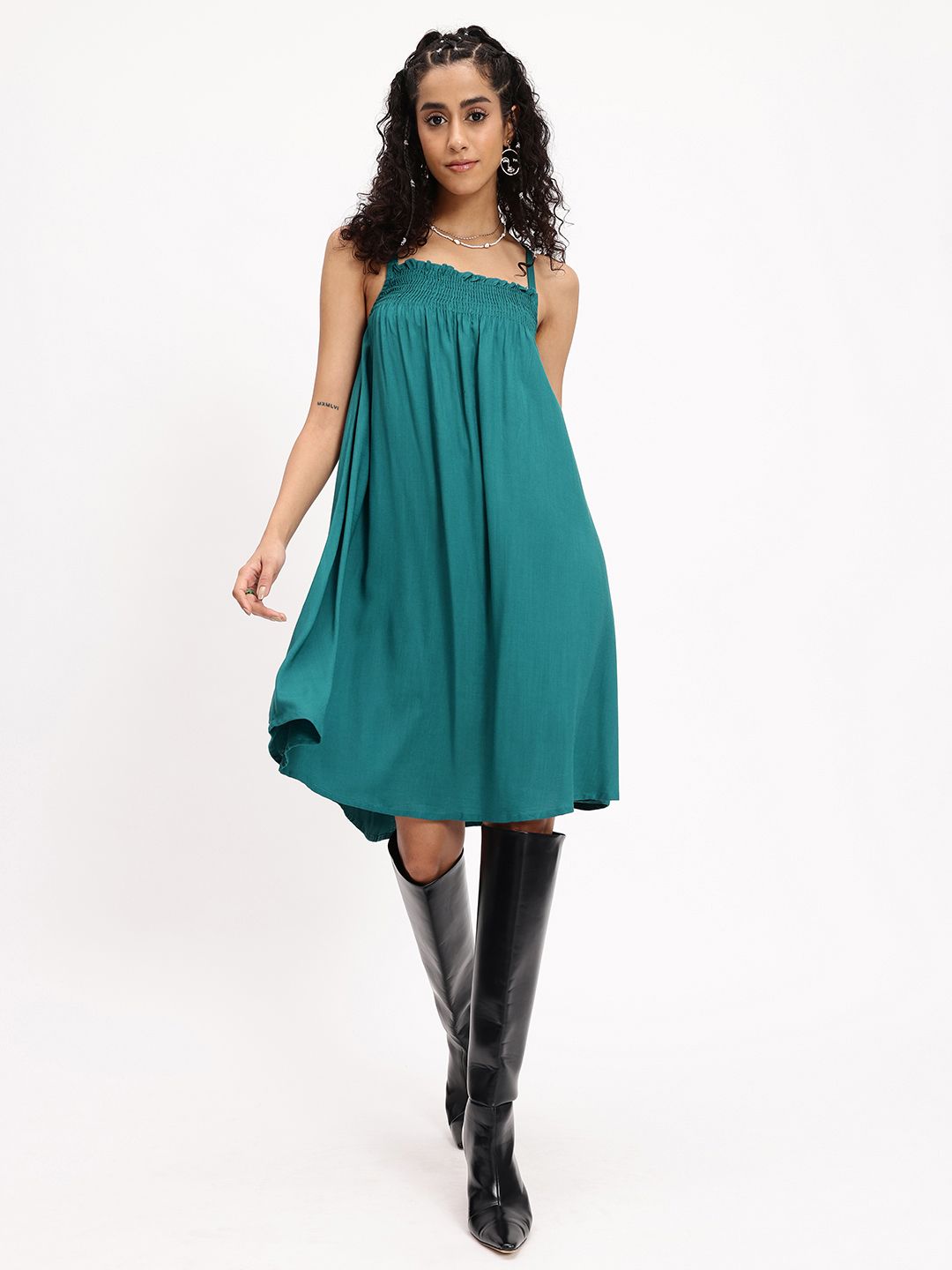 DressBerry Cascading Crush Bow Detailed Smocked A-Line Dress