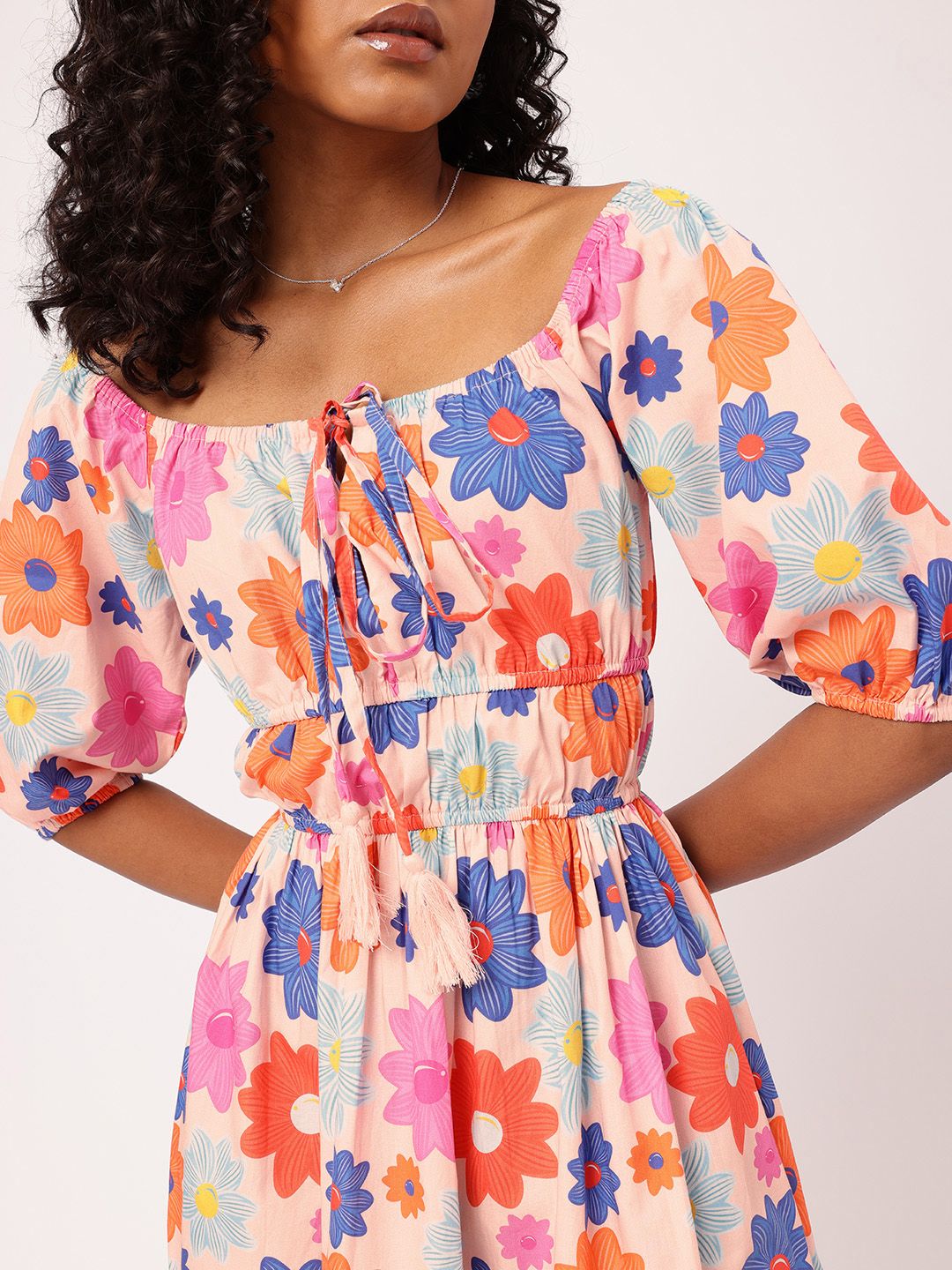 DressBerry Vibrant Play Floral Printed Cinched Waist A-line Mini Dress