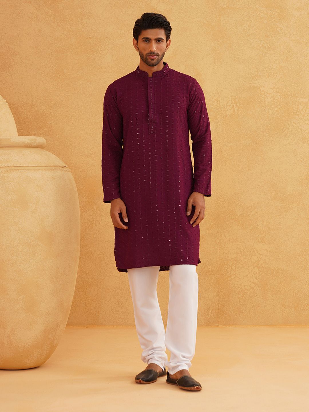 SOJANYA Ethnic Motifs Embroidered Regular Sequinned Pure Cotton Kurta with Churidar