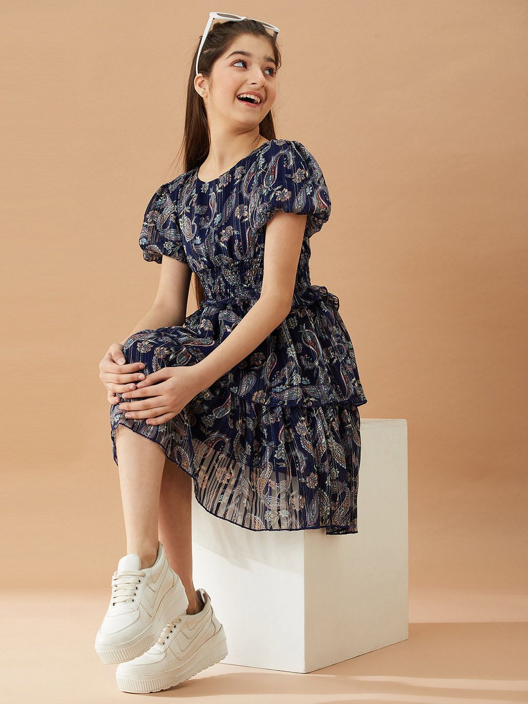 pspeaches Girls Ethnic Motifs Printed Layered Fit & Flare Dress