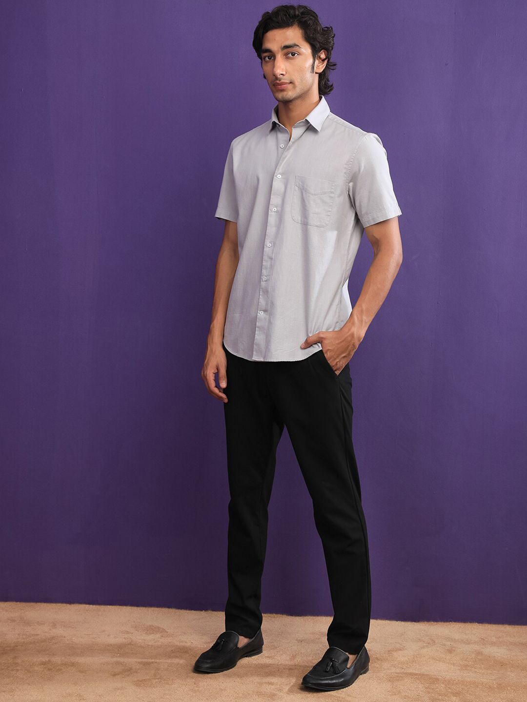 RARE RABBIT Men Darwin Slim Fit Spread Collar Cotton Shirt