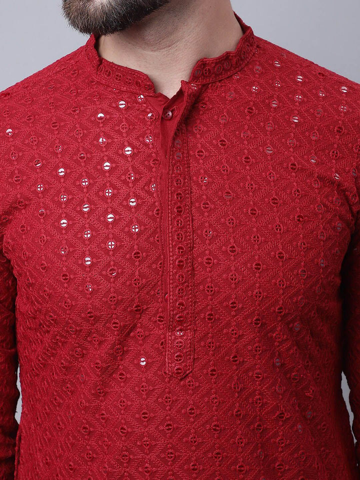 SOJANYA Motif Etnik Bersulam Kurta Kapas Tulen Labuci dengan Piyama & Jaket Nehru