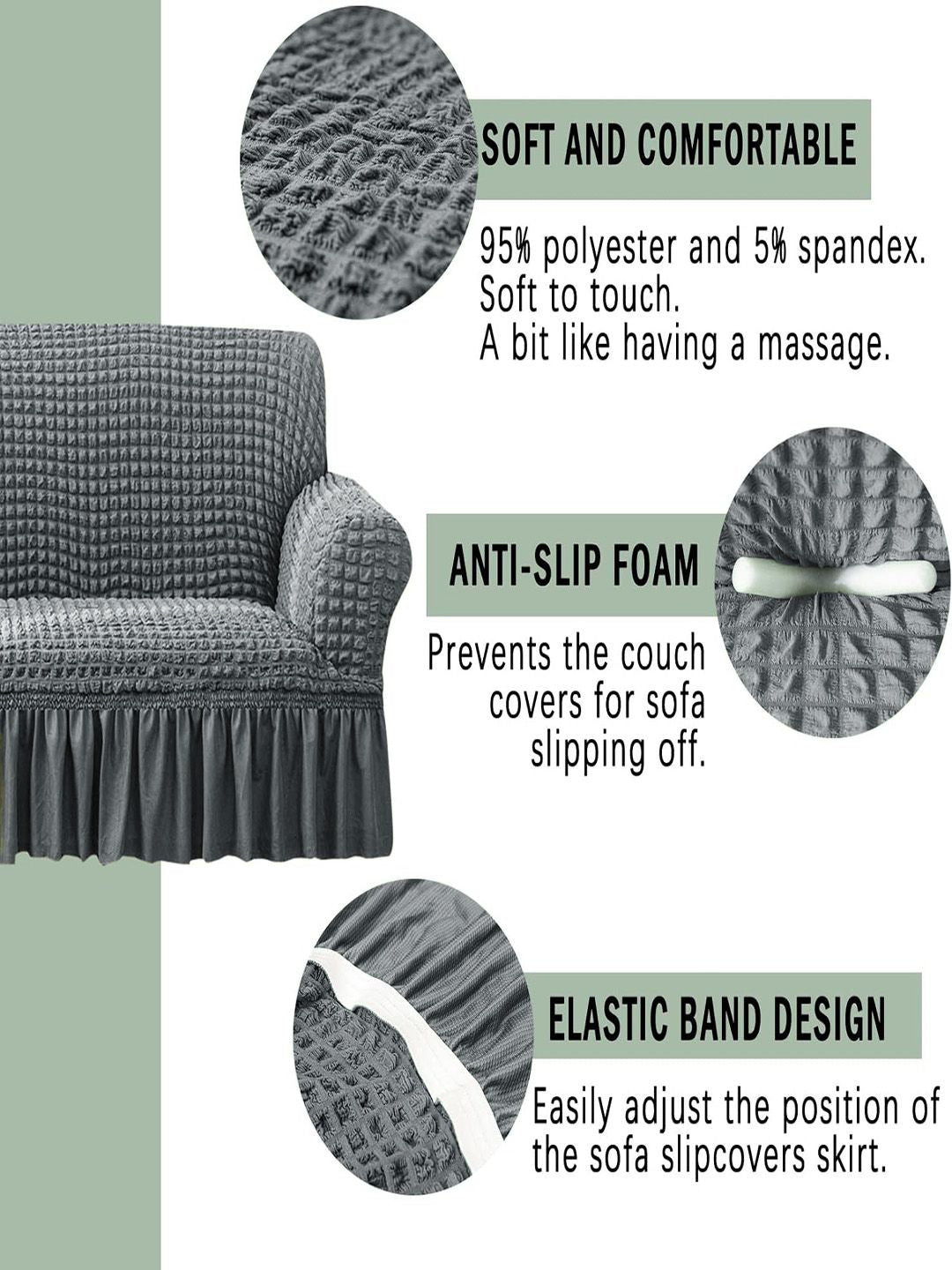 Cortina Grey Self Design Stretchble 1-Seater Sofa Cover with Skirt