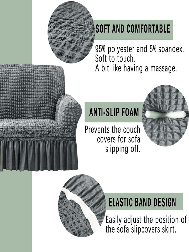 Cortina Grey Self Design Stretchble 1-Seater Sofa Cover with Skirt