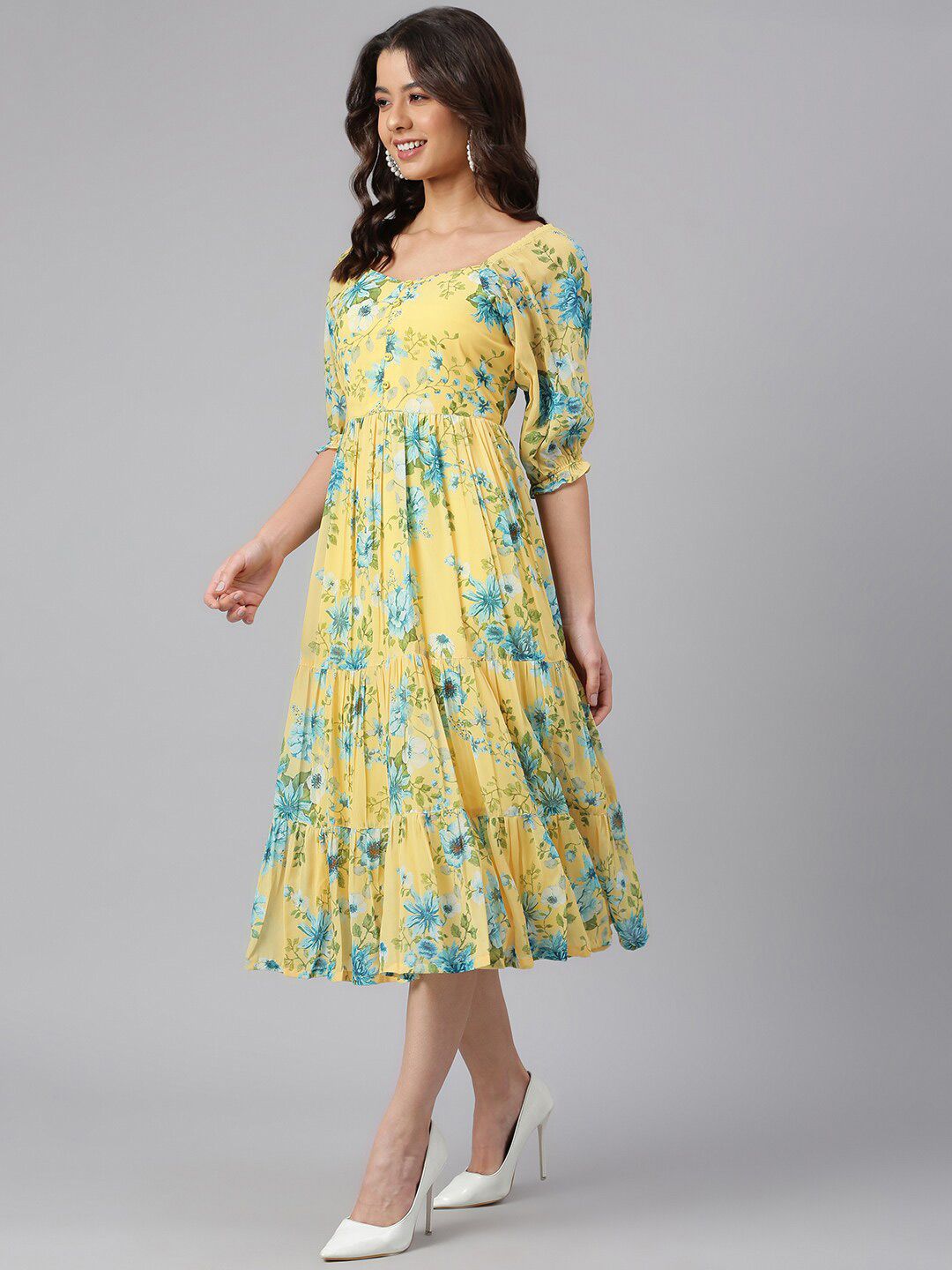 Janasya Women Yellow Georgette Floral Printed Flared Dress