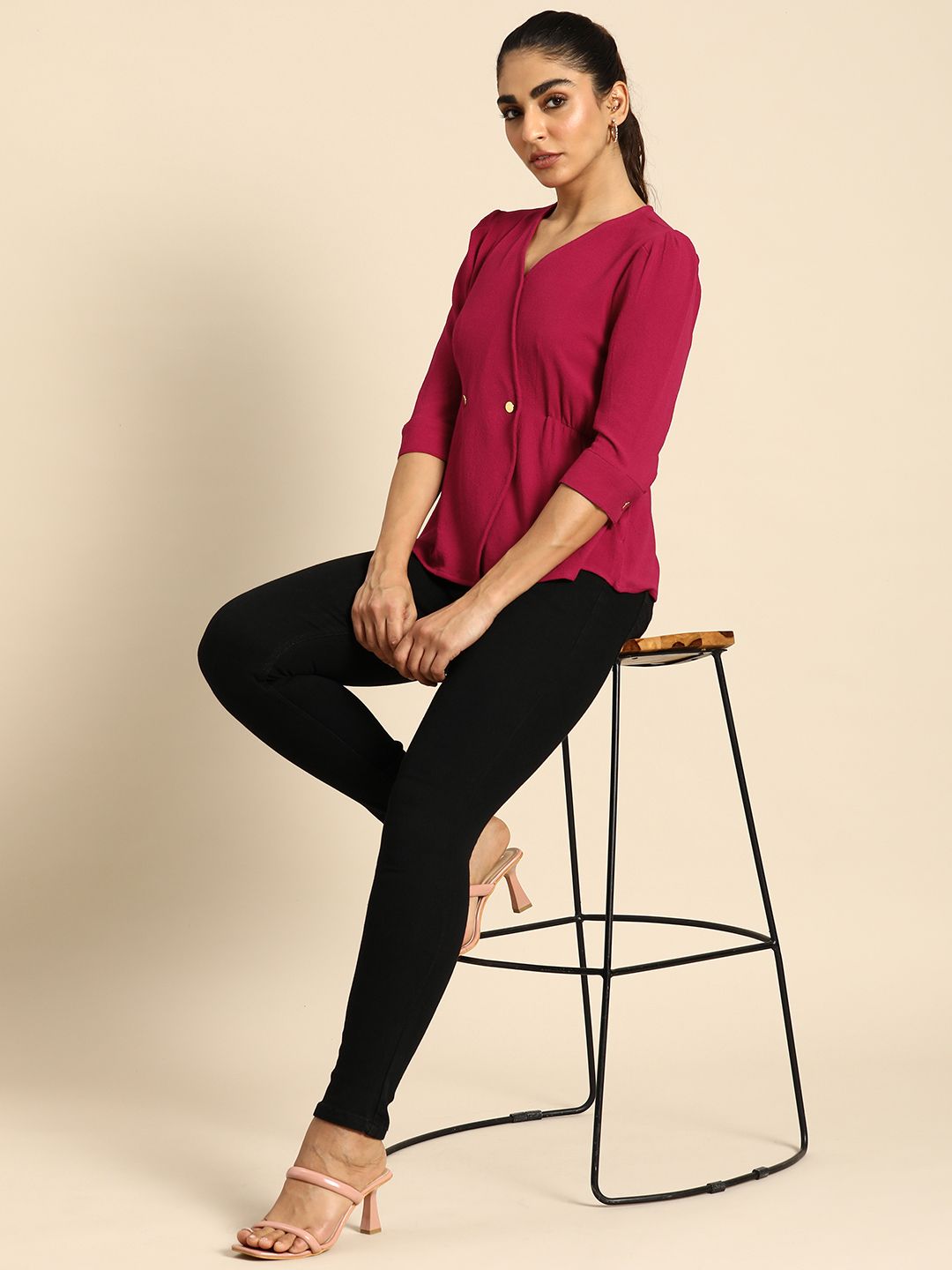 all about you V-Neck A-Line Solid Top With Gathers Detailing