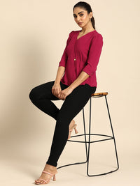 all about you V-Neck A-Line Solid Top With Gathers Detailing
