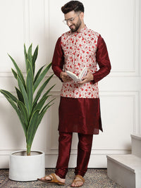 SOJANYA Men Maroon & Beige Self Design Kurta with Churidar & Nehru Jacket