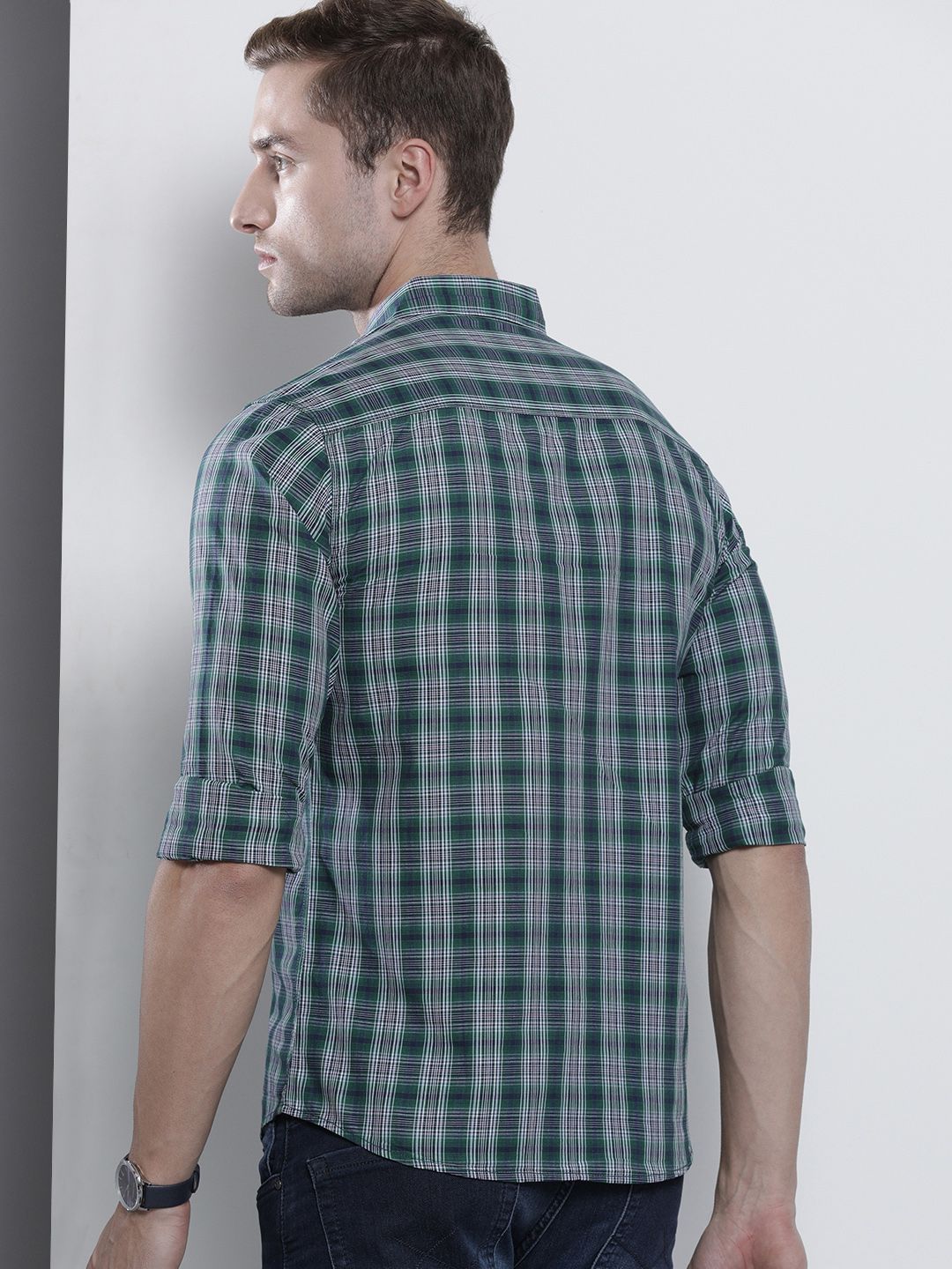 The Indian Garage Co Men Green & White Checked Cotton Casual Shirt