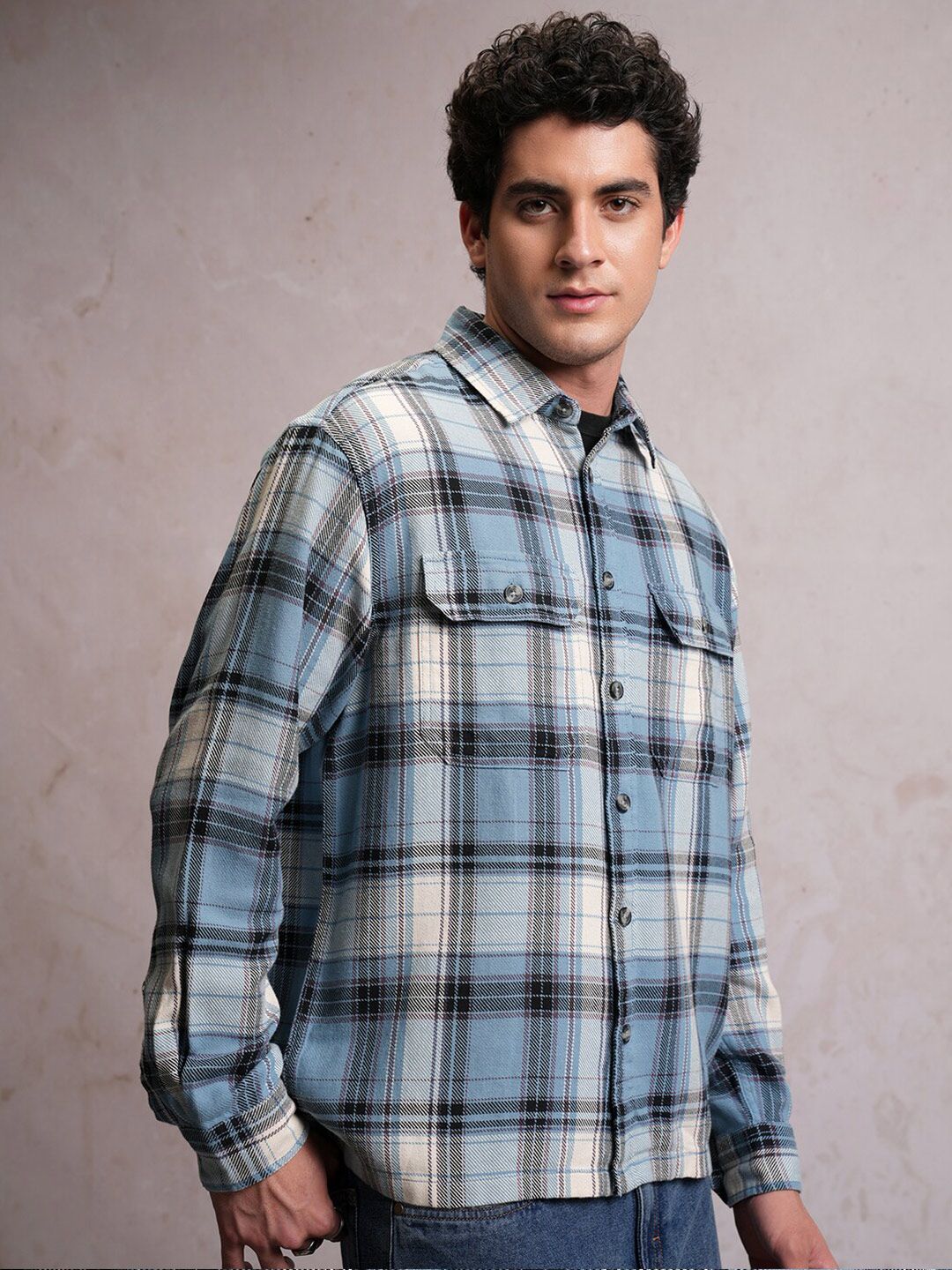 Locomotive Men Blue Dobby Textured Checked Utility Pocket Overshirt