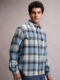 Locomotive Men Blue Dobby Textured Checked Utility Pocket Overshirt