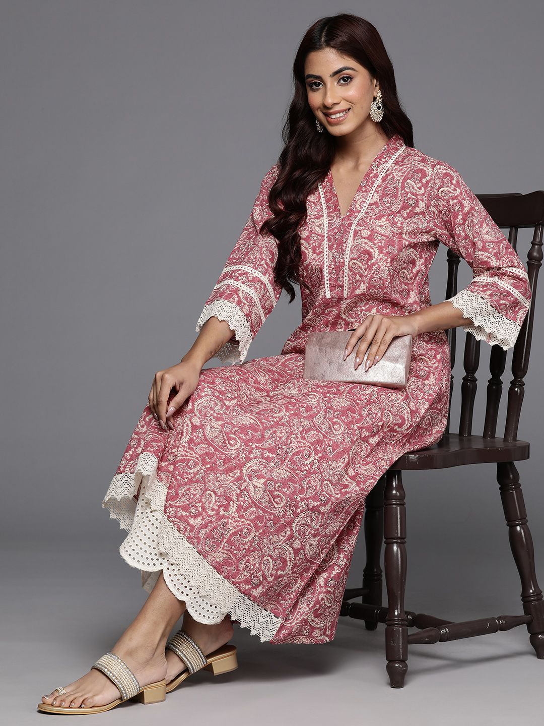 Varanga Peach Jaipuri Printed V Neck A line Pure Cotton Kurta