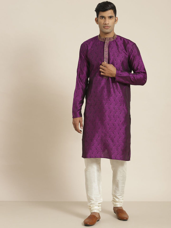 SOJANYA Lelaki Motif Etnik Ungu Jacquard Kurta